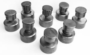 8 sets of 219 punch/413 die. Sizes 3/16, 5/16, 7/16, 9/16, 11/16, 13/16, 15/16, 1" in box w/ 1/32" - E